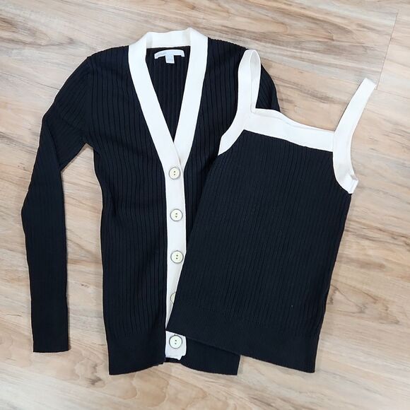 💜Vintage Old Navy Black & Cream Cardigan Sweater & Tanktop Set Small - Picture 1 of 13